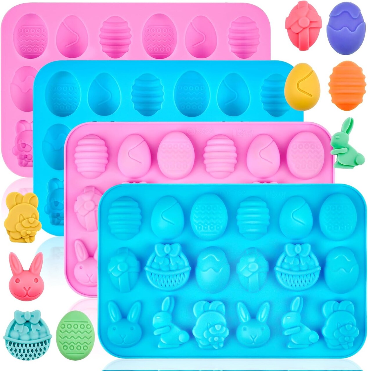 Easter Chocolate Molds, 4 Pack Easter Egg Bunny Silicone Molds for Candies, Gummies, Jello, Cake, Cupcake Decorations